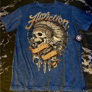 Affliction Blue and Orange Gold Graphic Skull Tee